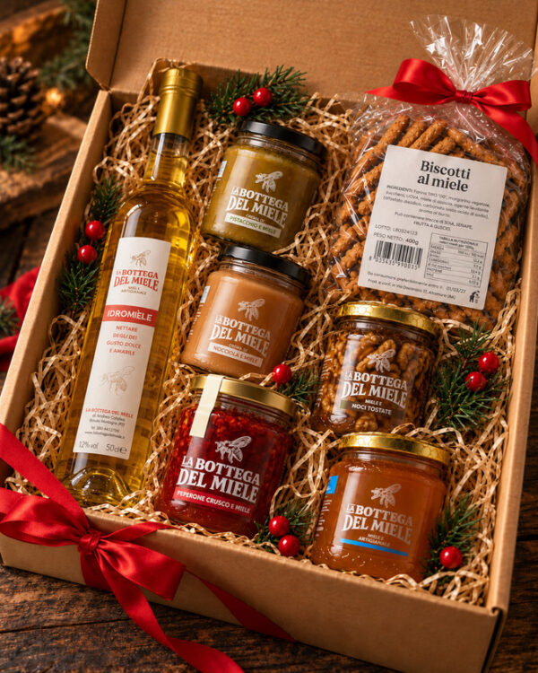 box-bonta-natale-2026 Box Bontà di Natale con idromele, creme al miele Nocciolmiel, Pistamiel e CruscoMiel, miele e biscotti al miele