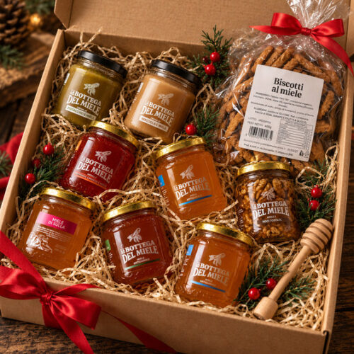 Box Degustazione con sei vasetti di miele artigianale lucano, creme al miele, biscotti e spargimiele in legno